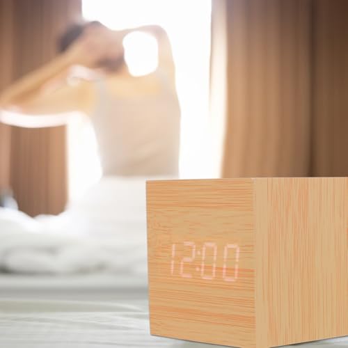 Reloj despertador digital LED madera con termómetro y cable USB para dormitorio 6