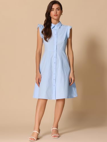 Image of Allegra K Women's Ruffled Sleeve Casual Office Dress Tie Waist Button Down Cotton Shirt Dresses