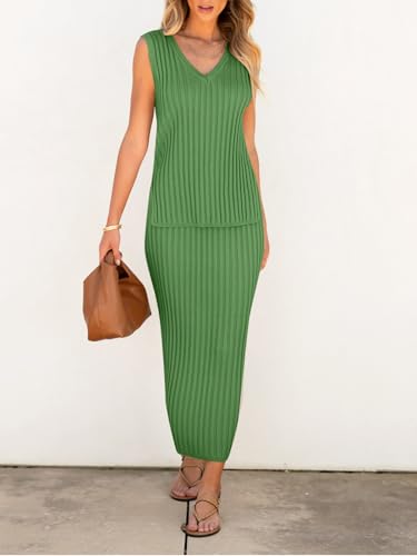 Image of Women's 2 Piece Outfits Summer Sweater Skirt Sets Casual Sleeveless V Neck Ribbed Vest Knit Tops Midi Dress