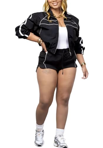 SHINFY Women Summer 2 Piece Short Sets Long Sleeve Zip Jacket Matching Shorts Jogger Sweatsuits Workout Lounge Sets