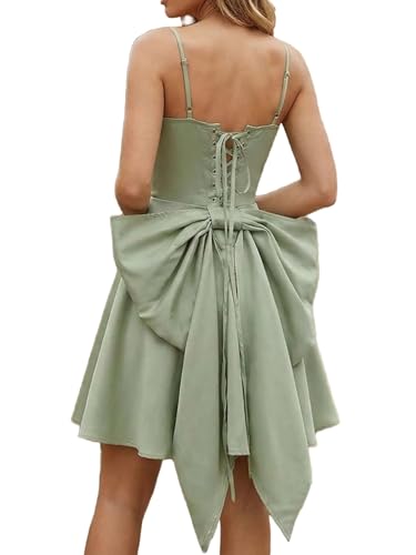 Image of WDIRARA Women's Satin Bow Homecoming Dresses Spaghetti Strap Wedding Guest Gown Summer Mini Dress