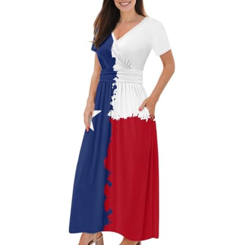 Image of Women's Fall Summer Short Sleeve Ankle Length V-Neck Party Dress with Pockets Size S-3XL