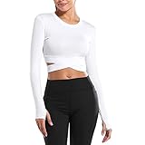 OEAK Sportshirt Damen Langarm/Kurzarm Top Nahtlos Sport Yoga Oberteile Laufshirt Sporttop Frauen Crop Top Fitness Training Gym Shirt,Langarm-Weiß,M