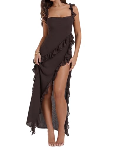 Image of houstil Women's Casual Summer Dress Strap Ruffle Beach Party Maxi Cocktail Evening Holiday Wedding Guest Dresses