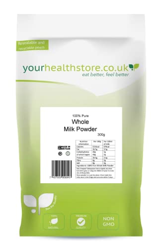 yourhealthstore 100% Pure Whole Milk Powder 300g, Made in Britain with British Milk, No Additives & Soy Lecithin, Vegetarian, (Recyclable Pouch)