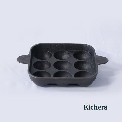 Image of Kichera Cast Iron Appam Pan | Nonstick 9-Cavity Appam Maker | 9.8 Inch, 1.8kg | Induction Friendly
