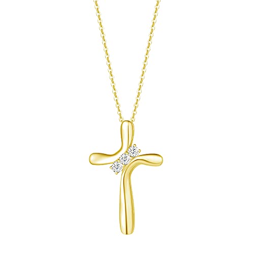 FANCIME Yellow Gold Plated 925 Sterling Silver Cross Elegant Ribbon Pendant Necklace with Cubic Zirconia Jewelry Gifts for Women, Loster Clasp 18-INCH