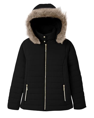 Vetinee Women Black Hooded Faux Fur Lapel Zip Pockets Quilted Parka Jacket Casual Puffer Coat Size Medium(US 8-10)