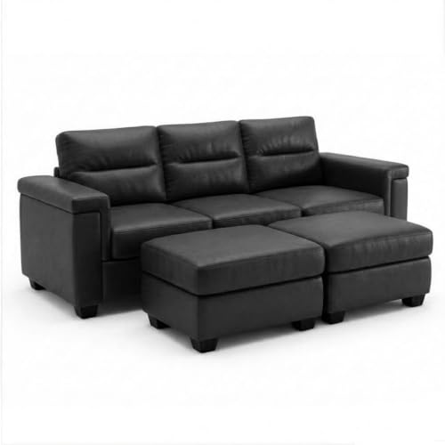 Image of FURNY Parker 3 Seater Sofa Set with 2 Ottoman | Premium Leatherette Finish | Durable Comfort Sofa for Modern Living Room & Office Spaces