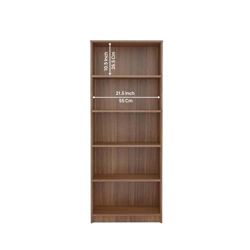 Image of NEUDOT Bravo Engineered Wood 5-Shelf Open Bookshelf Cabinet | Book Rack Organizer for Decor & Display | Floor-Standing Bookcase for Home, Office & Library | Leon Teak Finish