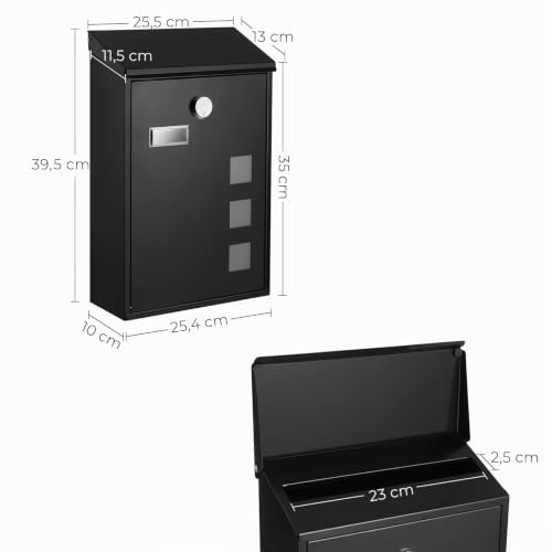 Miniatura 7 de Songmics - Buzón De Pared Moderno, Con Ventanas De Visualización, Placa De Identificación, Cerradura Con Núcleo De Cobre, Fácil De Instalar, Negro Gmb031b02