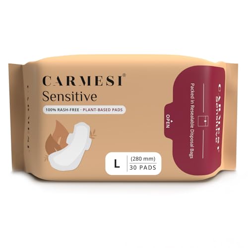 Image of Carmesi Sensitive Sanitary Pads - Pack of 30 Pads (Large) - Certified 100% Rash-Free by Gynecologist - Natural Plant Top Sheet - No Fragrance, No Chlorine - With Disposal Bags