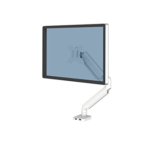 Image of Fellowes Platinum Series Single Monitor Arm for 40-Inch Monitors, Full Motion, 360 Rotation, VESA Mount with Grommet or Clamp, USB Ports, Ergonomic, White, 8056201