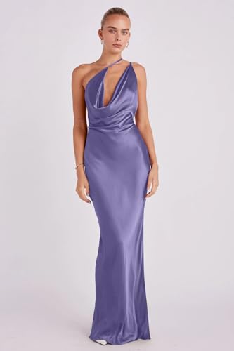 Image of Memoriesea Women's Low Cut Cowl Neck Open Back Tie Up Cocktail Party Maxi Dress Purple