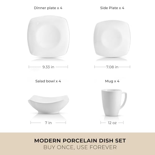 Image of Zulay Kitchen Luna Plates and Bowls Sets, 16 Piece Modern Porcelain Dish Set for 4, Chip and Scratch Resistant Square Dinnerware Set, Microwave and Dishwasher Safe, Pearl White