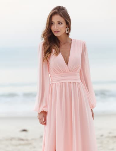 Women's Long Sleeve Bridesmaid Dresses with Slit Long Pleated Formal Evening Party Gown4