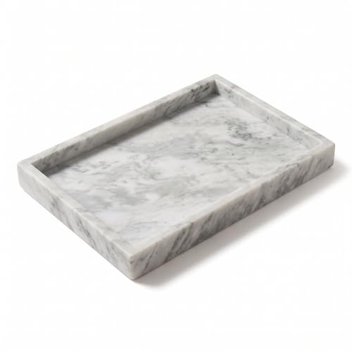 Natural Marble Tray, 12'x8' Rectangular Vanity Catchall w/Silicone Pads | Heavyweight Stone Decorative Organizer for Bathroom Counter, Entryway, Coffee Table