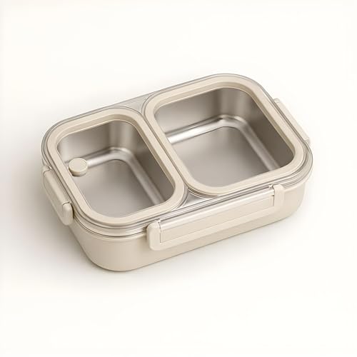 Image of Motka Premium 1000 ml 2-Compartment Bento Lunch Box | Stainless Steel Slim Tiffin | Leak-Proof Container| BPA & Odour-Free| Durable & Dishwasher Safe | Ideal for Office, Travel & School (Beige)