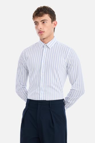 Image of SNITCH Men Semi-Formal Shirt | Modern Slim Fit Full Sleeve Point Collar Vertical Stripe Pattern | Cotton Blend Stretch Fabric for Office & Business Casual Wear