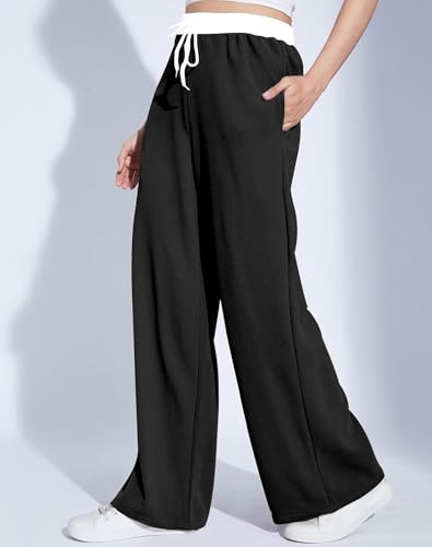 Image of Mehrang Wide Leg Drawstring Pants, with Contrast Waist Band || Casual Lounge Wear Side with Pockets, High Waisted, Relaxed Fit Trouser for Women