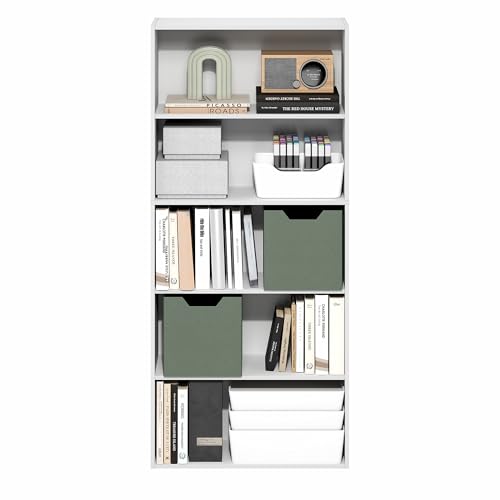 Image of Furinno Jaya Book Shelf, 5-Tier Bookshelf, 52 Inch Tall Standing Bookcase with Adjustable Shelf, 9.5 x 23.6 x 52.6, for Home Office, Bedroom, Living Room, White