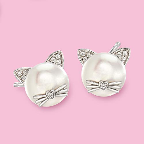 Ross-Simons 8-8.5Mm Cultured Pearl Cat Earrings With Diamond Accents In Sterling Silver #TOP2