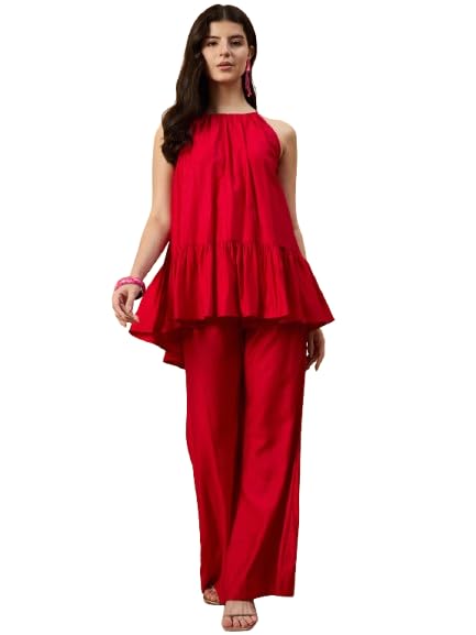 Women’s Blue Sleeveless Top with Flared Pants Co-ord Set-image-26