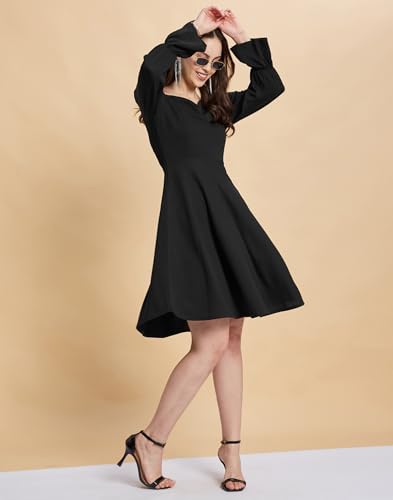 Image of SIRIL Women's Full Sleeve Polyester Solid Fit & Flare Dress, One Piece Dress for Women