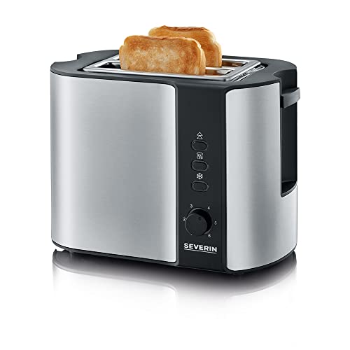 SEVERIN Grille-pain automatique 800 W, Toaster compact 2 fentes jusqu'à 2 tranches, Grille-pain électrique avec réglage du degré de brunissage & fonction décongélation, inox/noir, AT 2589