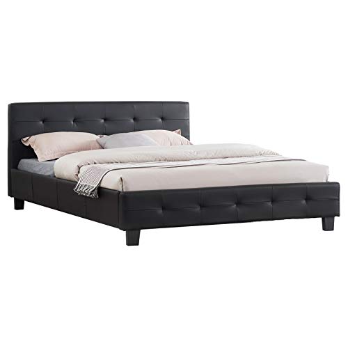 IDIMEX Lit Double pour Adulte Mathieu Couchage 140 x 190 cm avec sommier 2 Places / 2 Personnes, tête et Pied de lit capitonnés, revêtement synthétique Noir