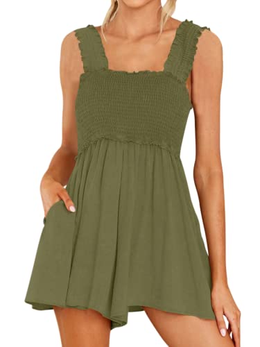 Deep Self Women Sleeveless Romper Square Collar Wide Leg Jumpsuit With Pockets(Army Green,M) #TOP1