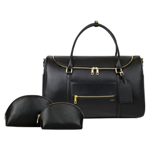 FAWN DESIGN The Weekender Bag, Bundle of Travel Bags for Women with 1 Airplane Carryon Bag and 2 Makeup Cosmetic Bags, Premium Matte Faux Leather Duffle Bag for Travel, Gym Bag, Black