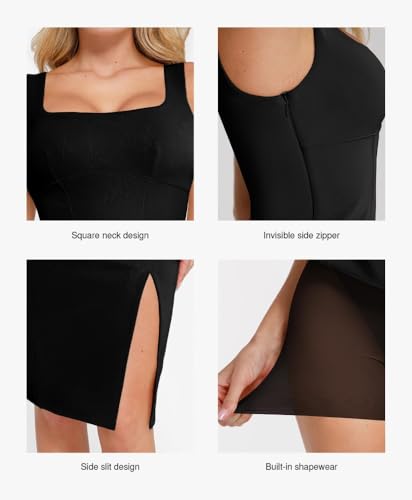 Image of Popilush Leather Dress with Built in Shapewear Square Neck Slit Midi Dresses Faux Leather Concert Club Outfits