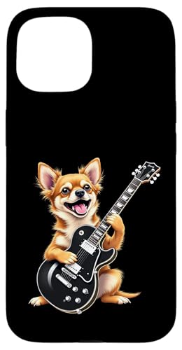 エレキギターを弾く面白いChiweenie犬音楽愛好家 スマホケース iPhone 15 用