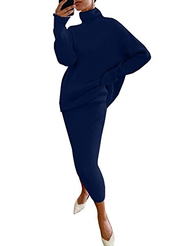 Image of chouyatou Women's Chunky 2 Piece Outfits Turtleneck Knit Sweater and Maxi Bodycon Skirt Sets