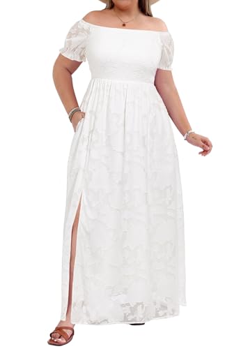 Image of Holipick Women's Off The Shoulder Boho Dress Plus Size Floral Smocked Waist Split Summer Maxi Sundress with Pockets