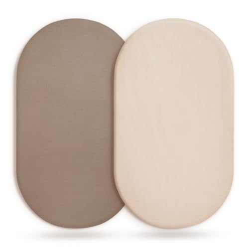 Image of GRSSDER Stretchy Ultra Soft Fitted Bassinet Sheet 2 Pack, Universal Fit for Bassinets Baby Cradle Moses Basket Oval Rectangle Mattress Safe and Snug, Jersey Bassinet Sheets for Baby, Beige & Coffee