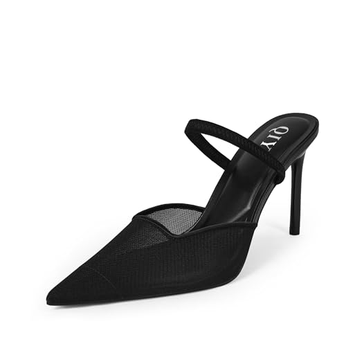 QIY Pointed Toe Heels for Women Pumps 4 Inch Black Mesh Heels for Women 2026 Slingback Kitten High Heel Mules Stilettos Ankle Strap Slip On Heeled Slides Party Wedding Sexy Summer Shoes Size 7.5