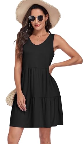Image of Sundresses for Women Summer Sleeveless Tiered Swing V Neck Tank Dress