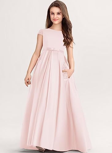 Ball-Gown Princess Scoop Long Lace Satin Junior Bridesmaid Dress Flower Girl Dress for Wedding Guest Dresses3