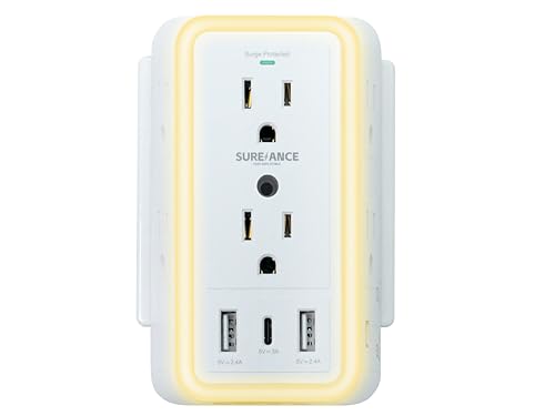 Multi Plug Wall Outlet, SUREANCE 6-Outlet Extender with Night Light, 3 USB Ports, 3-Sided Power Strip with Adapter Spaced Outlets,1050J Wall Charger, for Home Office Dorm Essentials