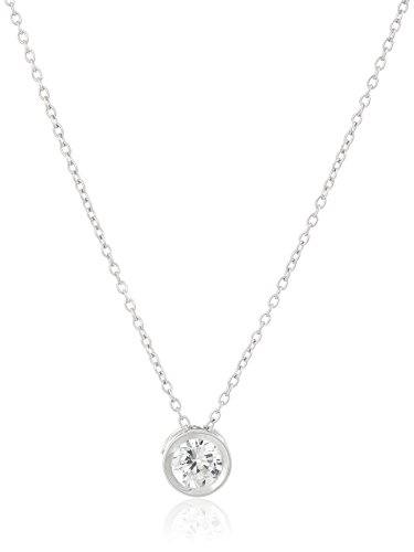 Platinum Plated Sterling Silver Round 6.5mm Cubic Zirconia Bezel Set Solitaire Pendant Necklace, 18