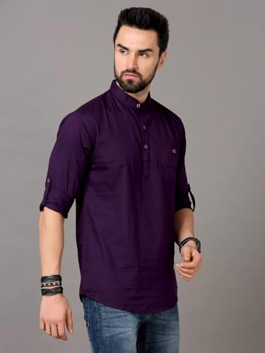 Image of DEEMOON Men's Cotton Blend Full Sleeve Short Kurta with Mandarin Collar Crafted from a Premium Cotton Blend