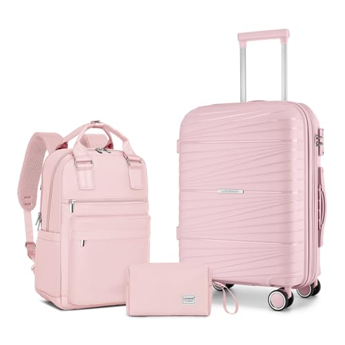 Image of LARVENDER Carry On Luggage 22x14x9 Airline Approved, Suitcases with Wheels | Expandable Luggage Sets 3 Piece, 20 Inch Hardside PP Carry On Suitcase for Women Men, TSA Lock, Light Pink
