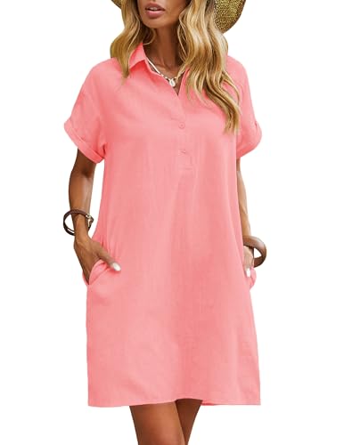 Image of Zeagoo Womens Cotton Shirt Dress Summer Casual Short Sleeve Button Down Beach Cover Up Shirts with Pockets