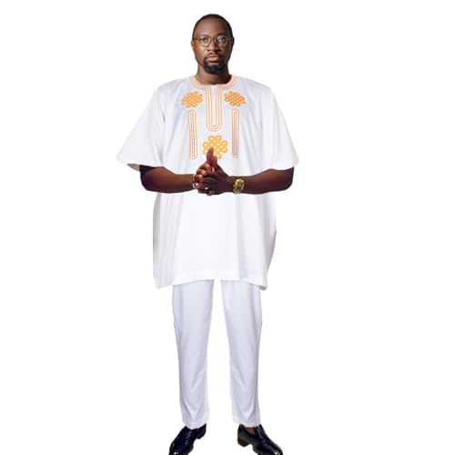 HD African Embroidery Baggy Tubu Shirt and Pants 2 Pieces Outfit Nigerian Mens Clothes Set