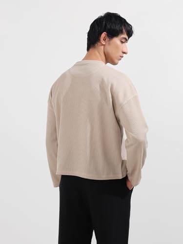 Image of The Indian Garage Co Men Boxy Textured Full Sleeves Crew Neck T-Shirt