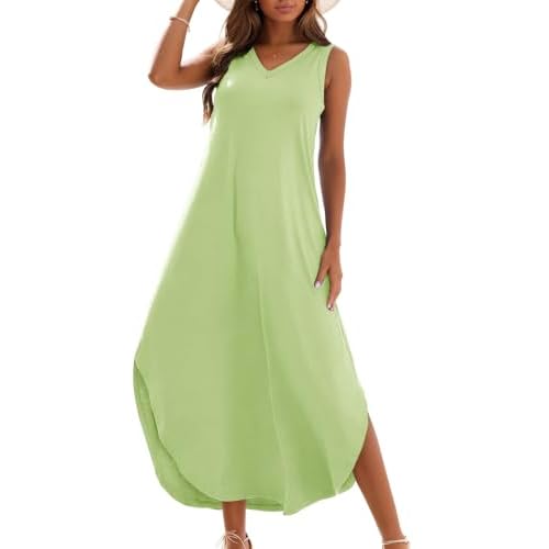 Zilcremo Women's Summer Casual Loose Sundress Long Dress Sleeveless V Neck Split Tshirt Maxi Dresses Small Avocado