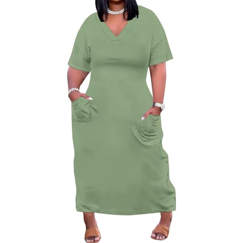 Image of Plus Size Maxi Dress for Women Short Sleeve V Neck Casual Loose Sundress with Pockets