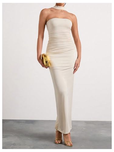 Image of Milumia Women's Halter Neck Ruched Strapless Sleeveless Tube Bodycon Maxi Dresses